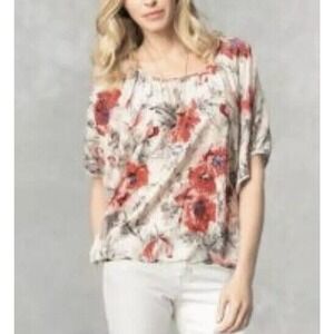 CAbi | Womens Size S Red Silk Gypsy Floral Top Dolman Sleeves Draped Blouse